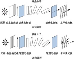 液晶 VOA 加電前后分子排列對比，展示偏振調(diào)控原理