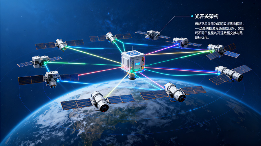 低軌衛(wèi)星星座光開關(guān)部署架構(gòu)，展示光開關(guān)在星間組網(wǎng)中的關(guān)鍵作用