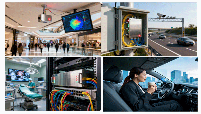 光開(kāi)關(guān)在室內(nèi)定位、智能交通、醫(yī)療通信等典型場(chǎng)景示意圖 - 廣西科毅