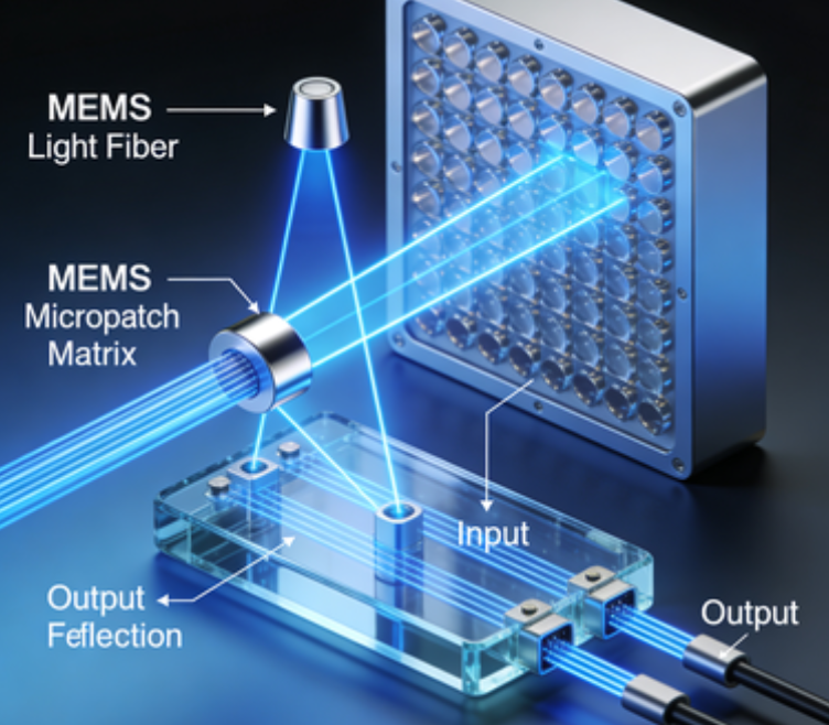 三維MEMS光開關(guān)工作原理示意圖-廣西科毅光通信