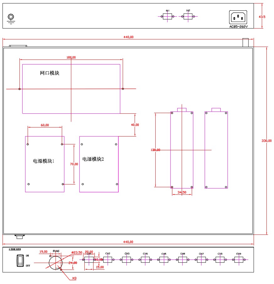 OSRIO切換矩陣光切換設(shè)備尺寸圖 - 廣西科毅光通信